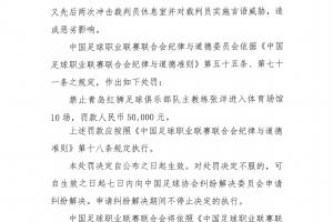 官方：青岛红狮主帅冲击裁判员休息室言语威胁 禁赛10场罚款5万元