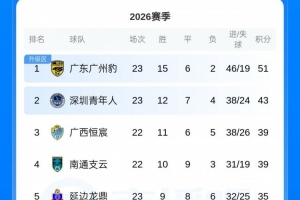 中甲积分榜：广州豹8分优势领跑，深圳青年人领先第三4分