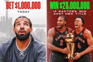 Drake下注100万押猛龙新赛季夺冠 若中可获得28倍收益！
