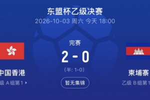 中国香港2-0柬埔寨夺东盟杯乙级冠军，孙铭谦助攻安永佳连场破门